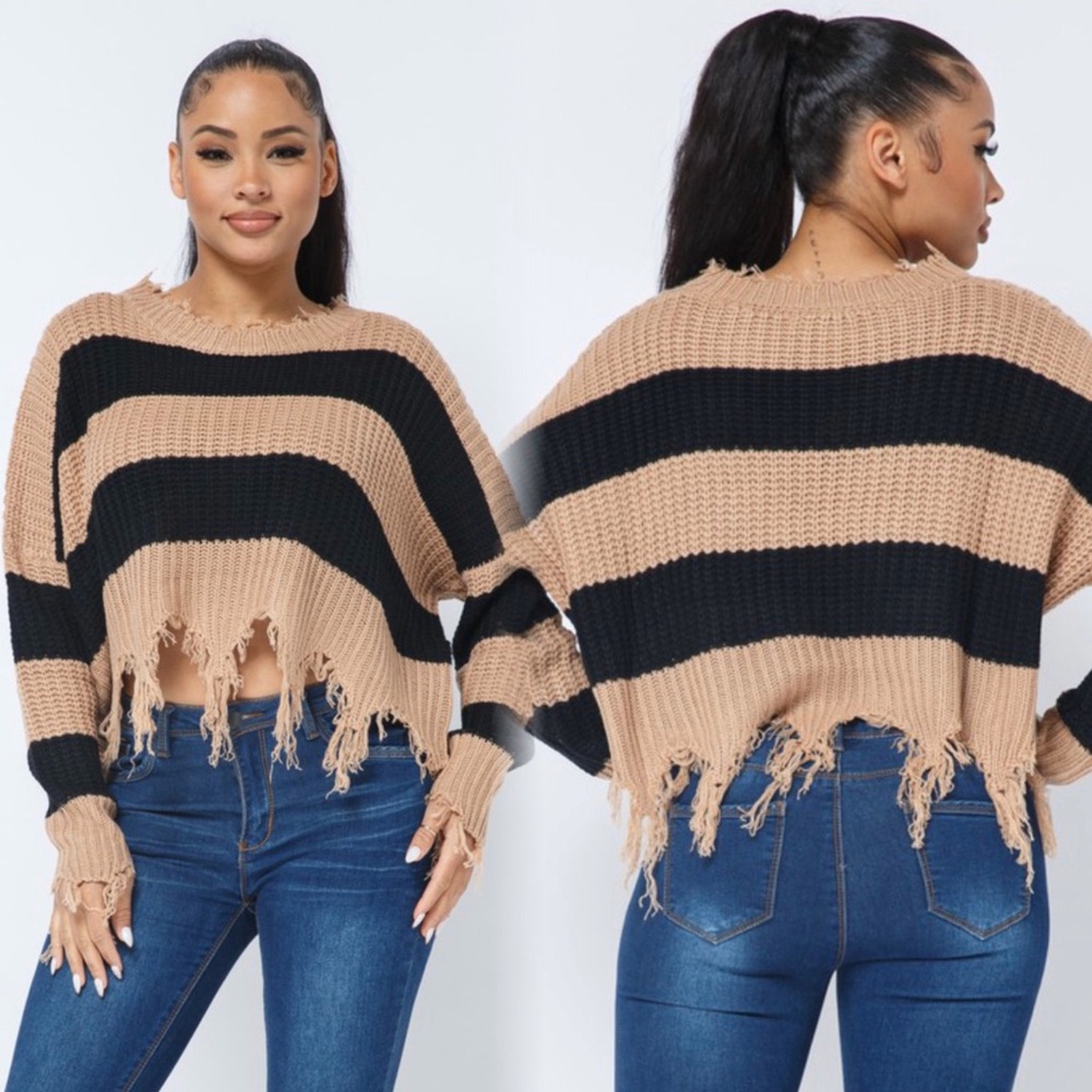 Striped distressed sweater in taupe and black